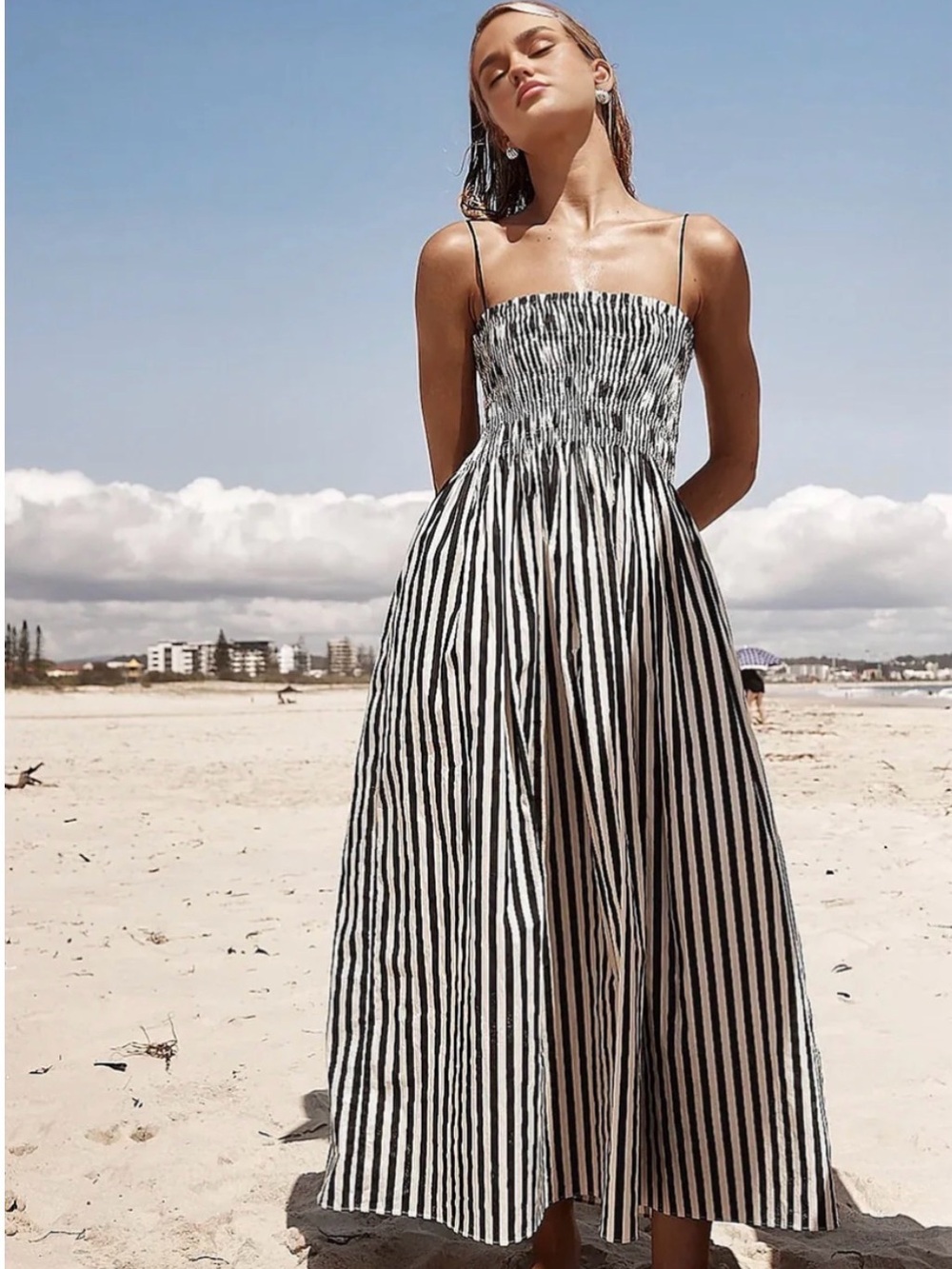 Commense Black and White Striped Smocked Maxi Dress